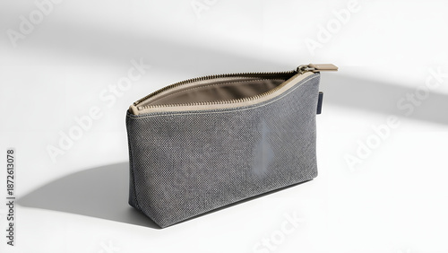 Open Grey Textured Zipper Pouch Mockup Showing Interior for Accessory Branding