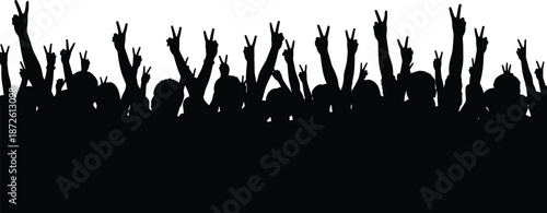 Black silhouettes of a cheering crowd with hands raised making peace signs, concert audience and fan celebration isolated on white,