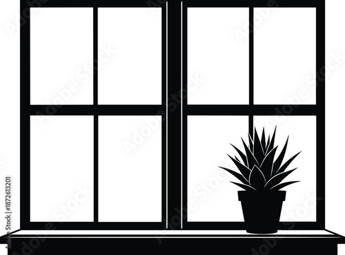 Minimal black window silhouette vector illustration, potted plant on windowsill, modern interior decor, flat design, home office wall art