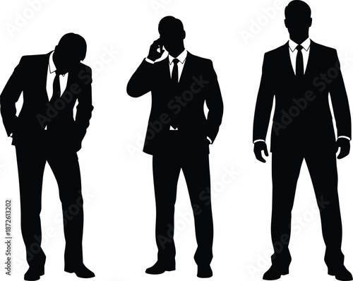 Black silhouettes of businessman in formal suit standing talking on phone and bending forward, professional male characters isolated on white,