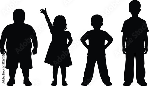 Black silhouettes of children in various body sizes and heights standing, diverse group of kids isolated on white background, youth