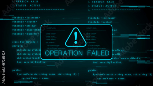 Digital screen displaying a blue warning triangle and the text OPERATIONFAILED with glitch effects and lines of code in cyan on a dark background representing a computer system error