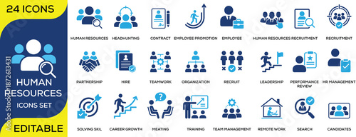 Human resources and recruitment solid icon set featuring hiring, teamwork, leadership, employee management, performance review, training, career growth, and remote work. Clean flat vector icons for HR