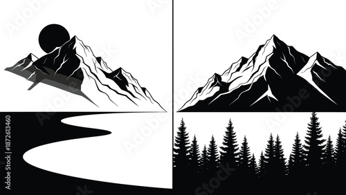Minimal mountain landscape vector illustration with river, forest and sun, black and white nature scenery design isolated o