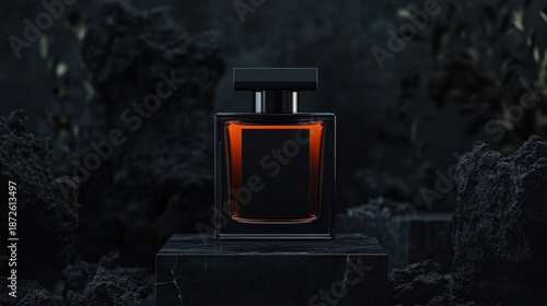 Dark amber perfume bottle, displayed in dramatic setting.