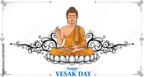 Happy Vesak Day vector illustration with Lord Buddha sitting on lotus flower decorative floral scrollwork and ornamental border.