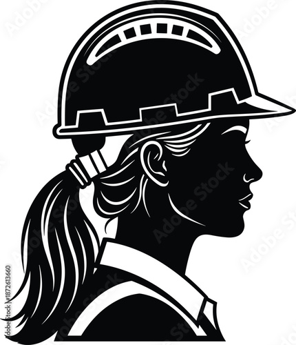 Black silhouette profile of a female construction worker wearing a hard hat, professional woman engineer isolated on white background, industry