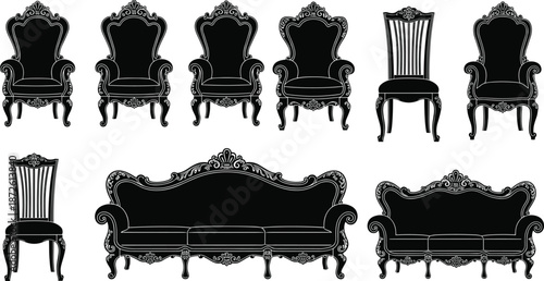 Black silhouettes of luxury vintage furniture including ornate baroque armchairs classic sofas and elegant chairs, antique interior design icons isolated,