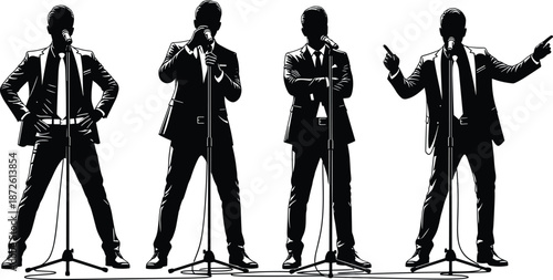 Black silhouettes of male public speakers in suits using microphones on stands, professional presenters and singers isolated on white background,