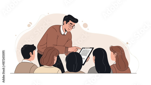 Teacher leading a lesson with students, pointing at document on clipboard