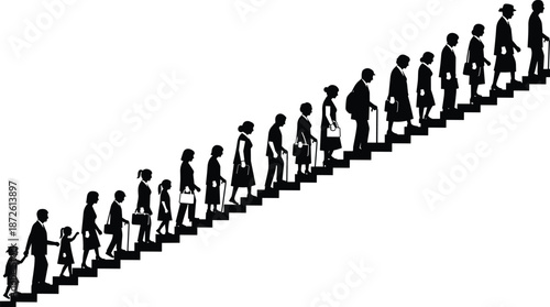 Black silhouettes of people of all ages walking up stairs, diverse group from children to elderly isolated on white background,