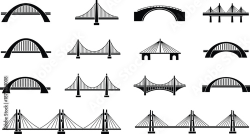 Black silhouettes of various bridge types set including suspension cable stayed arch and truss designs isolated on white background, architecture,