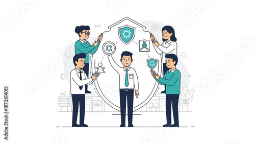 Teamwork security protection concept, people building shield around data icons