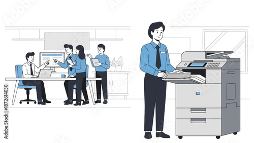 Office team collaborating near computer and man operating copier machine