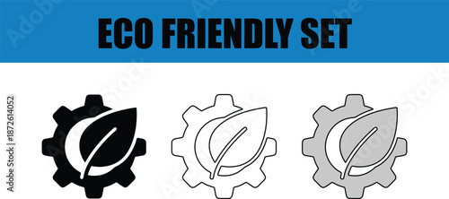Eco friendly gear icons with leaf symbol in black, white and grey