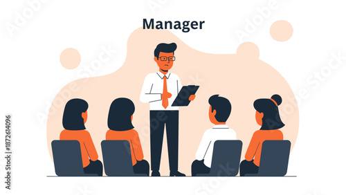 Business Meeting: Manager Leading Team Presentation with Clipboard