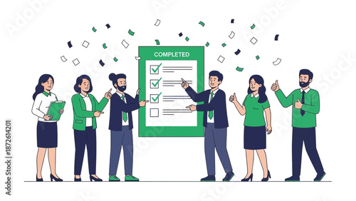 Team Celebrating Project Completion with Checklist and Confetti