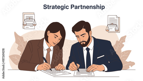 Business partners signing contract, strategic partnership agreement, teamwork