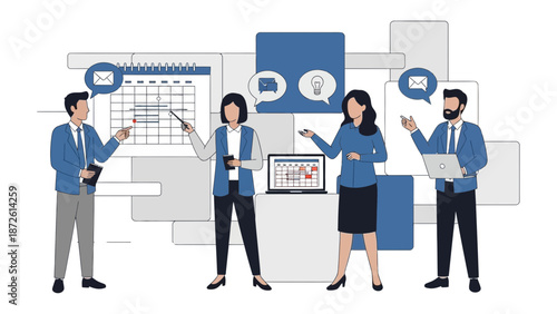 Business Team Planning and Strategy Meeting with Calendar and Laptop