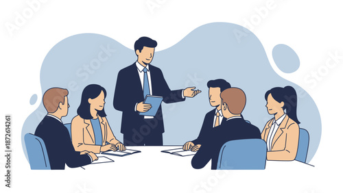 Business Meeting: Team Collaboration and Presentation by Leader