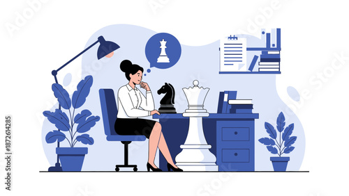 Woman playing chess, thinking strategy, planning moves, business decision-making