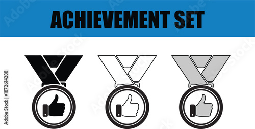 Set of three achievement medal icons in different colors and styles for success