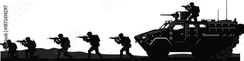 Modern military soldiers patrol silhouette with armored vehicle, tactical combat unit formation, defense operation concept, black and white vector 