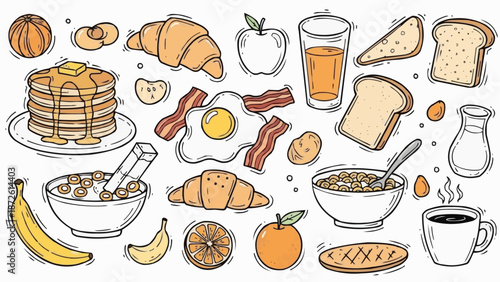 Delicious Breakfast Food Assortment Hand Drawn Illustration.