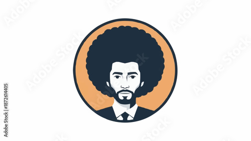 Man with large afro hairstyle and beard wearing a suit.