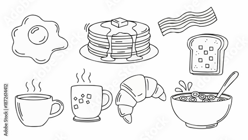 Hand drawn breakfast food and drinks sketch collection.