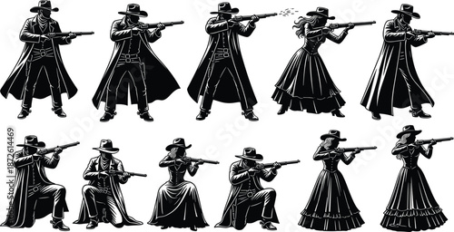 Black silhouettes of Wild West cowboys and cowgirls aiming rifles, Western gunfighter characters in various poses isolated on white background,