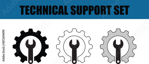 A set of three gear icons with wrenches in the center for technical support