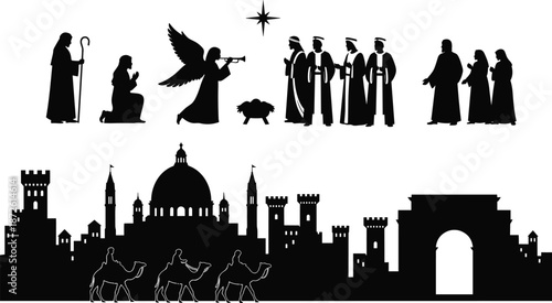 Christmas nativity scene silhouettes including holy family, angel, three wise men, camels, and ancient Bethlehem city skyline isolated on white background,