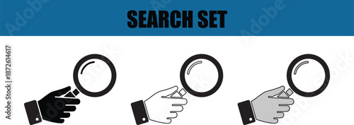 Set of hands holding magnifying glasses