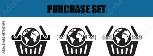 Set of shopping basket icons with globe