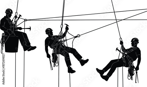 Black silhouettes of industrial climbers and rope access technicians performing high altitude work, professional window cleaners isolated on white background,