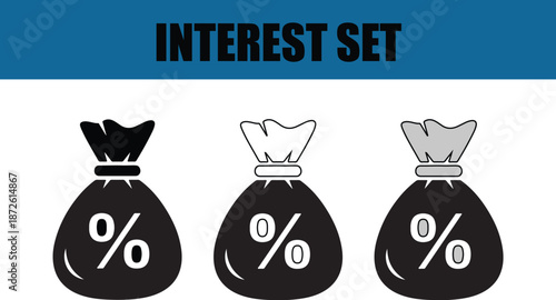 Set of black and white money bags with percentage signs on them