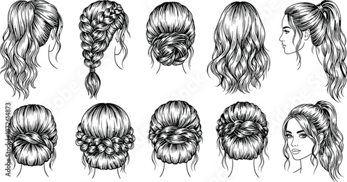 Hand drawn sketches of various female hairstyles including braids buns ponytails and wavy hair, beauty salon fashion illustration isolated set,