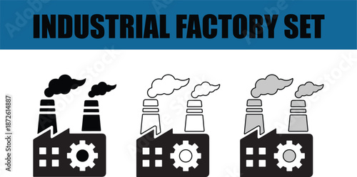 Set of black and white industrial factories with smokestacks and gears