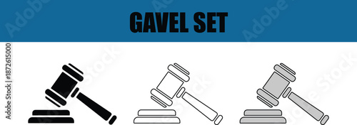 Set of three gavel icons in black, white, and gray