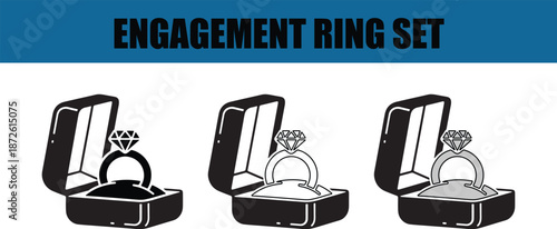 A set of three engagement ring icons in black and white