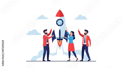 Team Launching Rocket Ship: Business Startup and Innovation Concept