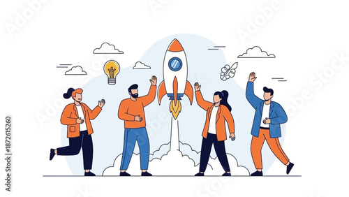 Team launching rocket, startup success, innovation, teamwork, business concept illustration
