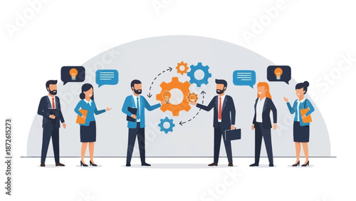 Teamwork and Collaboration: Business People Discussing Ideas with Gears