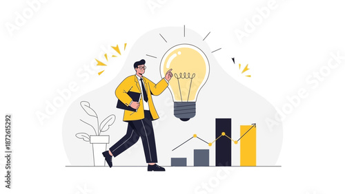 Businessman Holding Lightbulb with Growing Business Graph and Plant