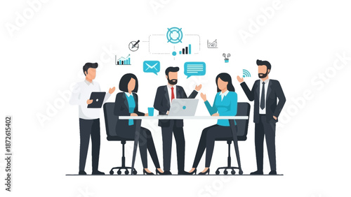 Business Team Meeting Collaboration and Strategy Planning with Digital Icons
