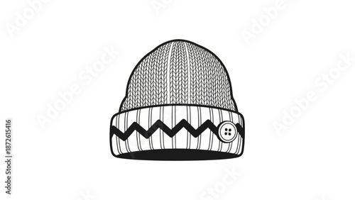 Knit Beanie Hat with Button Detail, Winter Fashion Accessory, Black and White Graphic