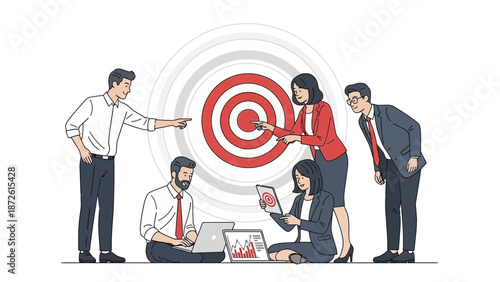 Teamwork and Strategy: Business People Aiming for Goal with Target Board