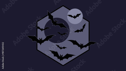 Halloween bats flying in moonlit night, dark spooky atmosphere, vector graphic