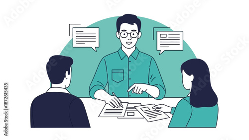 Business meeting illustration: consultant explaining documents to clients, communication concept